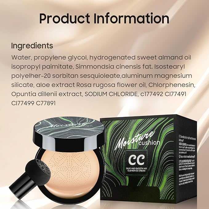 Air Cushion CC Cream Foundation - Mushroom Head BB Creams, Long Lasting Concealing Brightening, Moisturizer Face Cream,Facial Skin Care Makeup For All Skin Types (Buff Beige)-VivaGrace Women