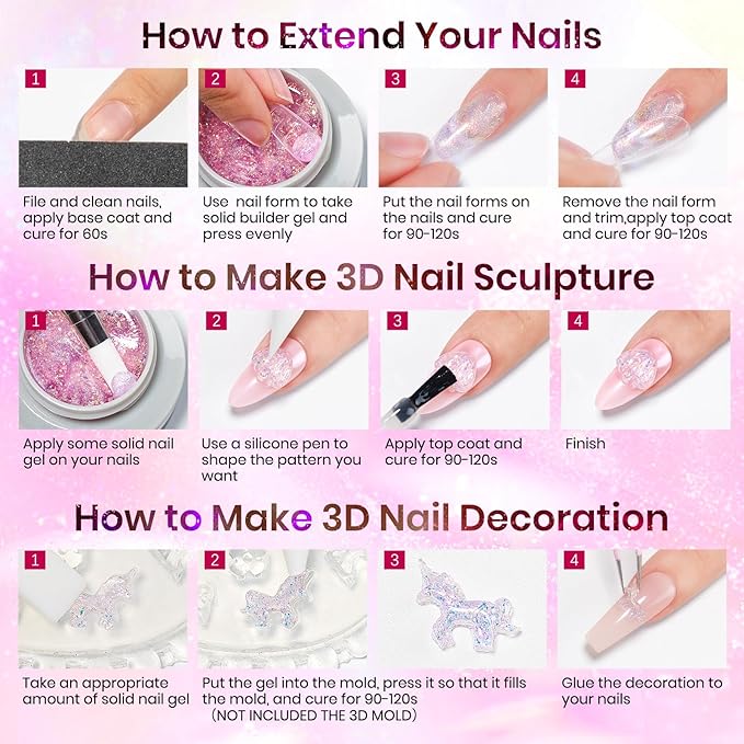 MIZHSE 2PCS Solid Builder Gel for Nails: 30g/1oz Clear & Pink Glitter Hard Gels for Nails 3D Gel with Dual Forms 3D Silicone Mold Soak off U V Builder Gels for Nail Art Manicure Home DIY-VivaGrace Women