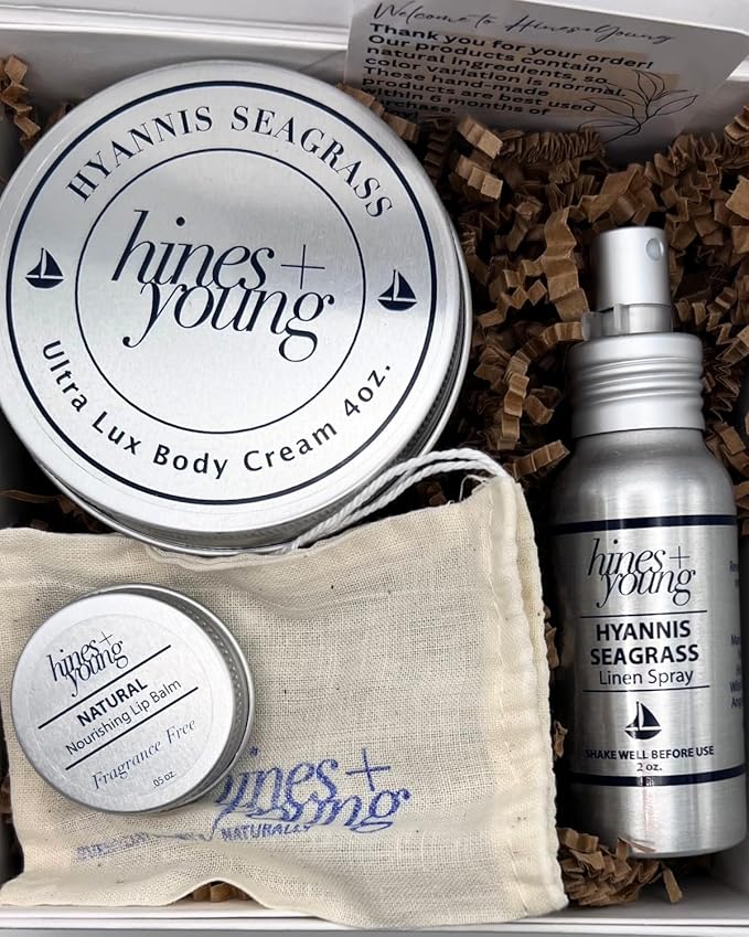 Hines+Young Travel Tins Gift Set - 4 oz Body Cream, 2 oz Linen Spray, Natural Lip Balm - Skin Care and Refreshing Home Fragrance, Ideal Self-Care Gift Set (Pack of 3, Hyannis Seagrass)-VivaGrace Women