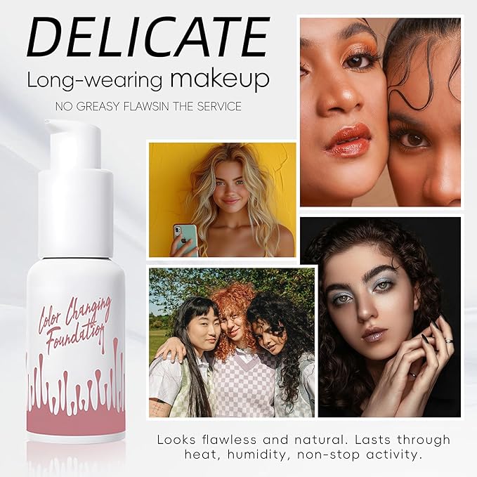 Color Changing Foundation Liquid, Skintone Matching Foundation, Full Coverage, Long Lasting, Lightweight Coverage, Oil Free and Silicon Free, Double Wear, Lightening, Sweat and Water Resistant-VivaGrace Women