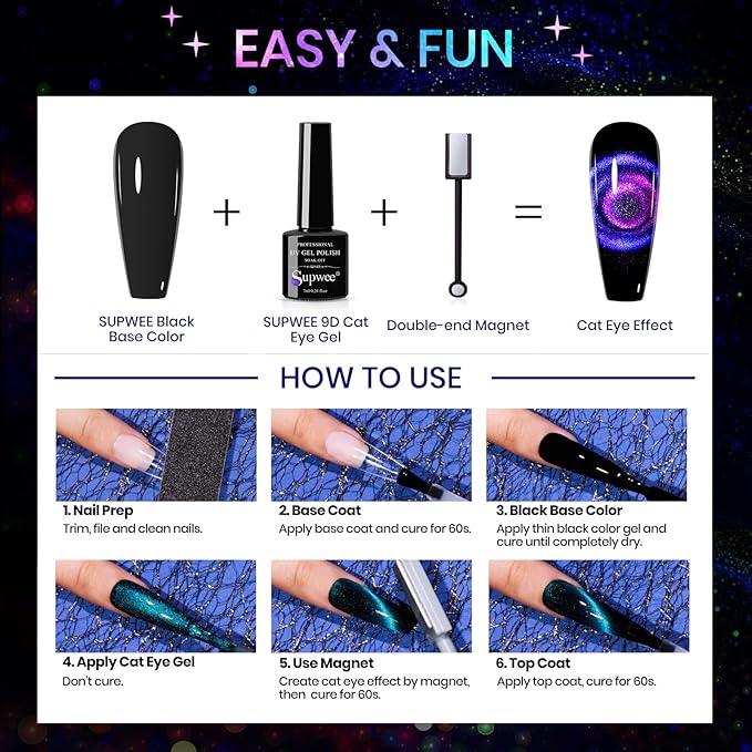 Cat Eye Gel Nail Polish Set - 12 Colors 9D Magnetic Nail Polish Gel Galaxy Cateye Nail Gel Polish with 1 Black Gel and Magnetic Lamp Cure Required Home Manicure DIY Nail Art
