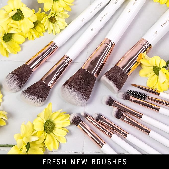 Niré Beauty White 15piece Award Winning Professional Makeup Brush Set: Vegan Makeup Brushes with Case, Makeup Sponge, Cleaner, Guide, Gift Box-VivaGrace Women