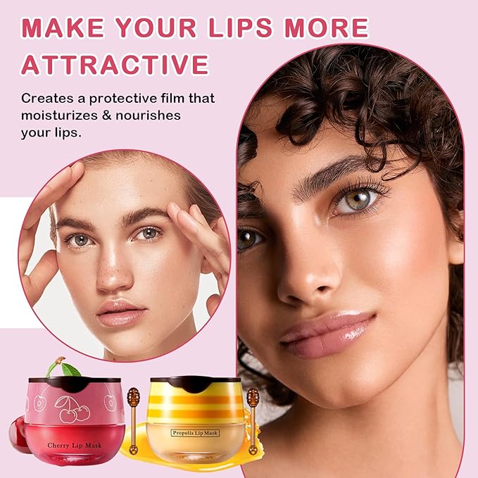 2PCS Bee Lip Balm Honey Pot Cherry Honey Lip Balm Sleeping Lip Mask Silky Hydrating Bee Lip Balm Honey Lip Mask Overnight Lip Care Products(Honey+Cherry)-VivaGrace Women
