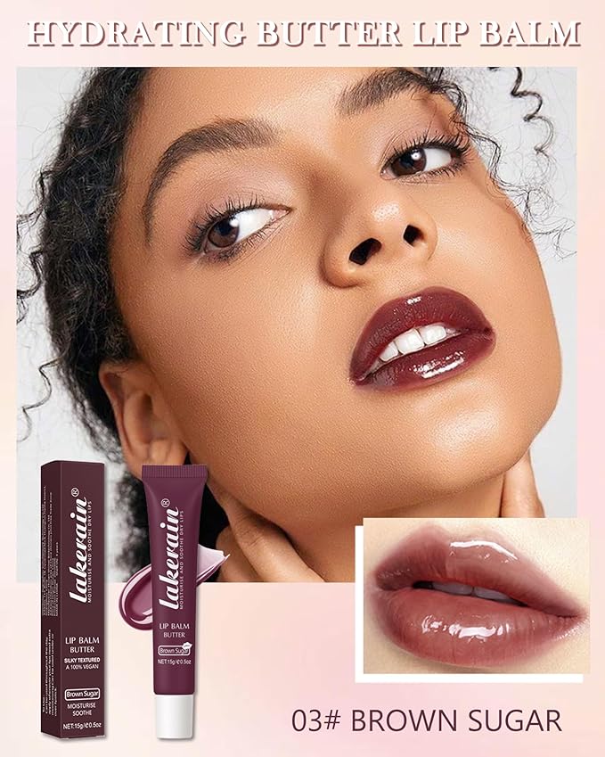 Lip Butter Balm Brown Sugar, Hydrating Tinted Butter Lip Gloss,Clear Lip Mask Lip Care Moisturizer,Smooth Lip Treatment, Non-Sticky Jelly Glow Reviver Fat Lip Oil,Thanksgiving Makeup Gift for Women-03-VivaGrace Women