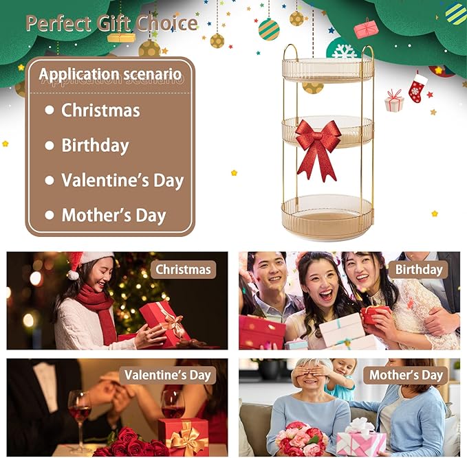 Rotating Makeup Organizer for Vanity, High-Capacity Skincare Clear Make Up Storage Perfume Organizers Cosmetic Dresser Organizer Countertop 360 Spinning (Gold, 3 Tier)-VivaGrace Women