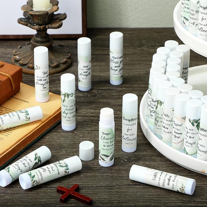 50 Pcs Bible Verse Lip Balm Bulk Christian Gift for Women Faith Religious Moisturizing Lip Care Product Stocking Stuffers with Inspirational Scripture Happy Moment Praise God for Friend-VivaGrace Women
