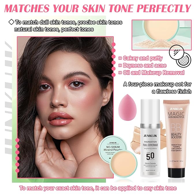 Color Changing Foundation Set,Full Coverage Foundation Liquid Foundation Makeup Gift Set,Moisturizing BB Cream for Women,Flawless Loose Setting Powder Face Primer Base Makeup Kit With Makeup Sponge-VivaGrace Women