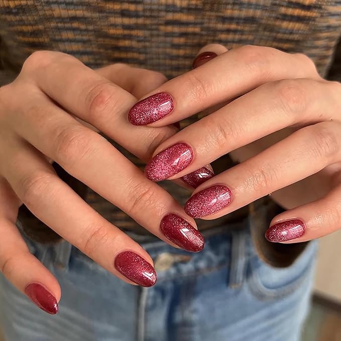 Press on Nails Oval - Burgundy Cat Eye Fake Nails Short Round Acrylic Full Cover Glue on Nails in 12 Sizes - 24 Piece Nail Kit,Natural Fit for Women & Girls Daily Wear