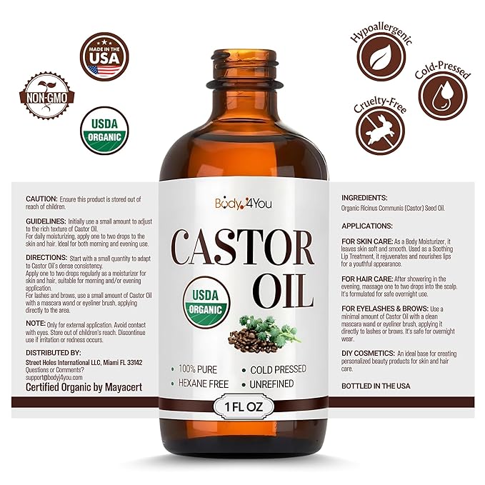 BodyJ4You Organic Castor Oil for Hair Growth: Natural Eyelashes Serum for Lashes and Eyebrows - Glass Bottle 1 Fl Oz-VivaGrace Women
