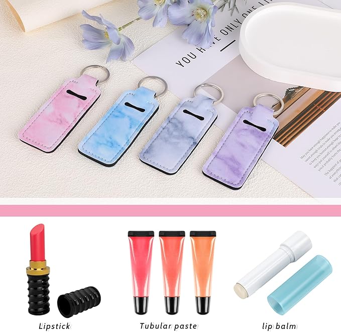 4Pcs Chapstick Holder Keychain, Lip Balm Sleeve Pouch, Chapstick Holder With Clip, Lip Balm Holder, Stocking Stuffers Gift for Women(Pink, Gray, Purple, Blue)-VivaGrace Women
