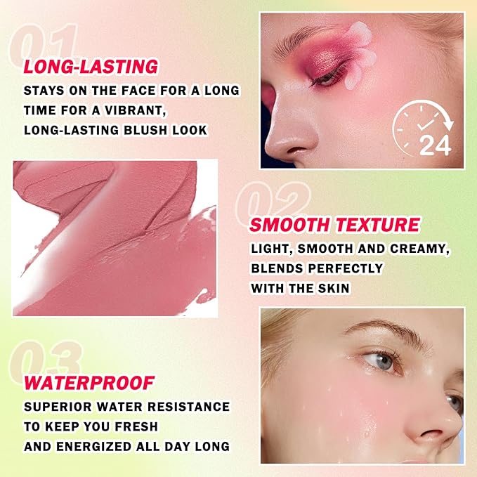 Multi-Use Cream Blush Stick,Soft Smooth Makeup Blush Stick for Cheeks Lips & Face,Waterproof Long Lasting Blendable Lightweight Face Blush Stick Matte Makeup for All Skin Types-VivaGrace Women