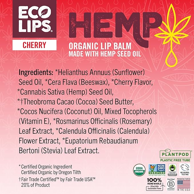 Eco Lips Organic Hemp Lip Balm with Beeswax, Coconut Oil, Vitamin E. Best Chapstick to Soothe & Moisturize Dry, Chapped Lips (Cherry, 6-Pack)-VivaGrace Women