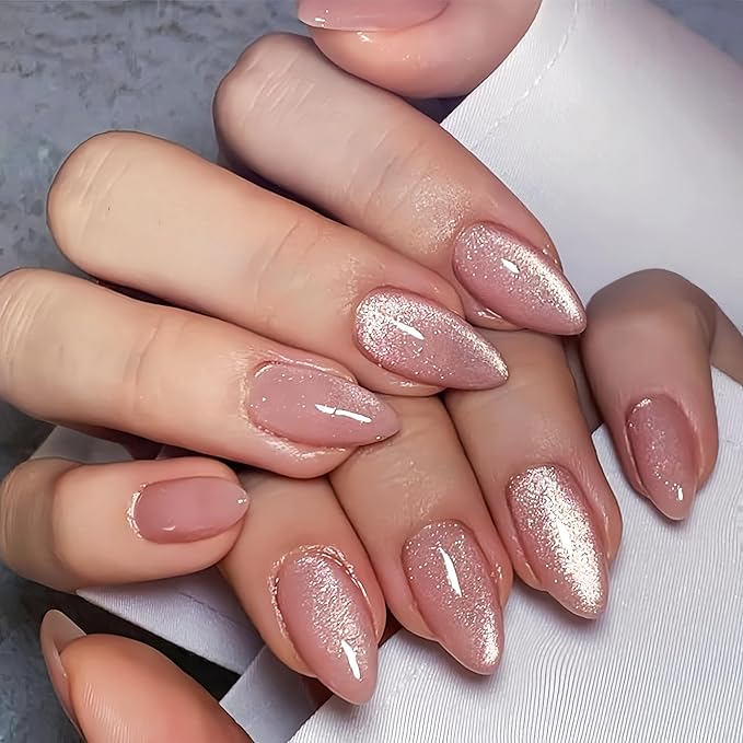 KQueenest Cat Eye Nude Pink Press on Nails Short Almond with UV Coating, 30 Pcs Thick Glitter Fake Nails Glue on, Cute Sparkle Shinny Acrylic Nails with Bling Design, Reusable False Nails for Women