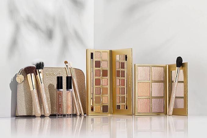 Sigma Beauty Ambiance Complete Collection - 14 Buttery Eyeshadow Powders, Highlighter Palette with 6 Metallic Highlighters, 2 Hydrating Lip Gloss, & 5 Makeup Brushes - Full Makeup Set-VivaGrace Women