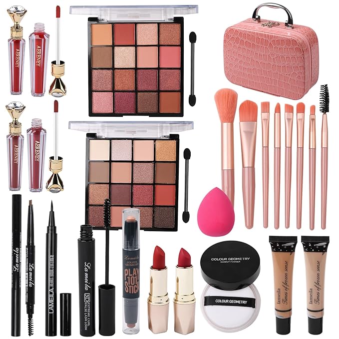 Makeup Kit for Teen Girls,All in One Makeup Kit for 2X16 Colors Eyeshadow Liquid Foundation Eyeliner Pencils Contouring Stick Lip Gloss Eyebrow Pencils 8Pcs Makeup Brushes etc (pink)-VivaGrace Women