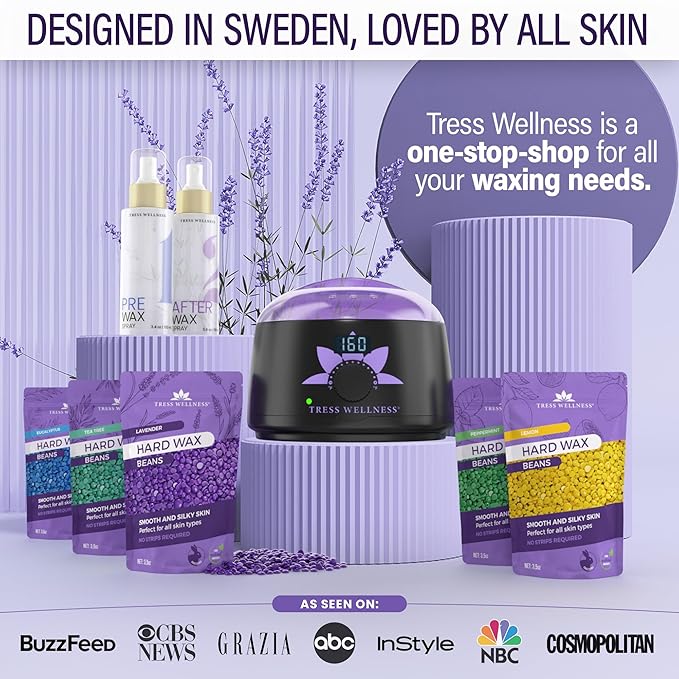 Tress Wellness Waxing Kit for Sensitive Skin – Safe for Face & Skin, Prep & Aftercare Spray, Easy to Use – At-Home Kit for Face, Bikini, Brazilian & Full Body - Digital Display, Black Purple Flower-VivaGrace Women
