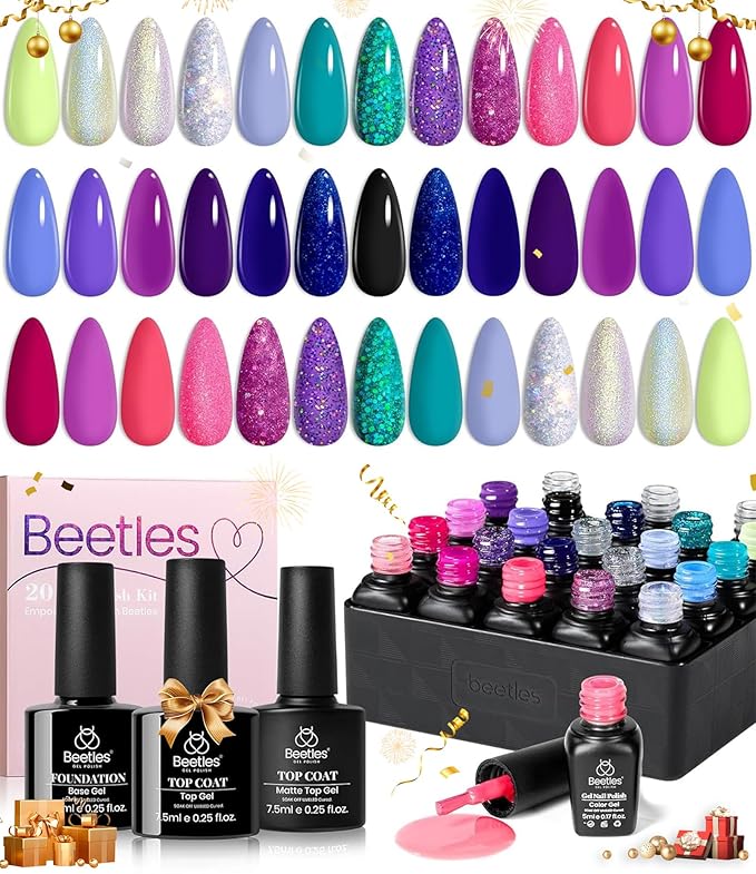 Beetles 20 Colors Gel Nail Polish Kit Midnight Euphoria Collection 23 Pcs Purple Blue Hot Pink Glitter Gel Polish Set Rainbow Soak off Uv Glossy & Matte Top Base Coat Gift for Women-VivaGrace Women