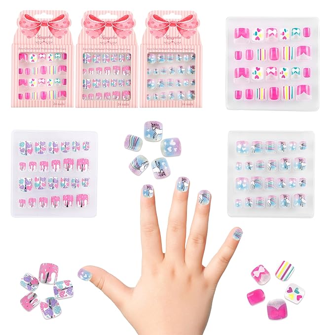 Kids Press on Nails Children Fake Nails 72PCS Artificial Nail Tips Adhesive Full Cover Short False Fingernails for Girls Kids Nail Decoration (Bow Tie Heart Unicorn)