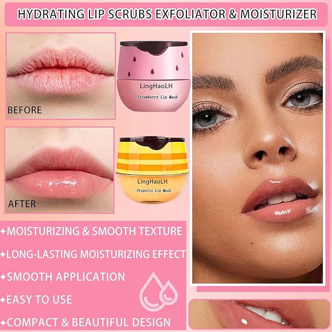 2PCS Bee Lip Balm,Hydrating Honey Pot Lip Balm with Stick,Non-Greasy Silky Sleeping Lip Mask Set,Long Lasting Lip Scrubs Moisturizer for Dry Cracked Lips(Honey +Strawberry)-VivaGrace Women
