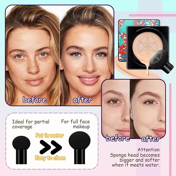 Air Cushion CC Cream Mushroom Head Foundation,Waterproof Long Lasting Loose Setting Powder,Moisturizing BB Cream Liquid Foundation Makeup Primer Concealer Base with Makeup Sponge(4PCS)-VivaGrace Women