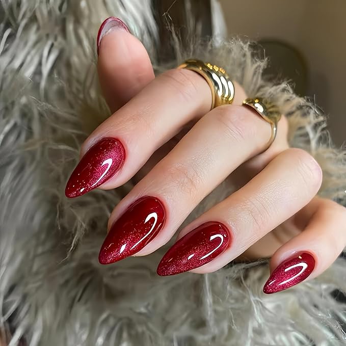 KQueenest Glitter Red Press on Nails Almond Medium, Cute Shinny Fake Nails Medium Stiletto, Bling Acrylic Nails False Nails Press on, Glue on Nails For Women Party Holiday Wear in 24 Pcs