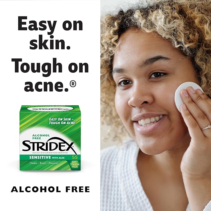 Stridex Medicated Acne Pads, Sensitive, 55 Count – Facial Cleansing Wipes, Alcohol Free Face Treatment, For Mild to Moderate, Smooth Application