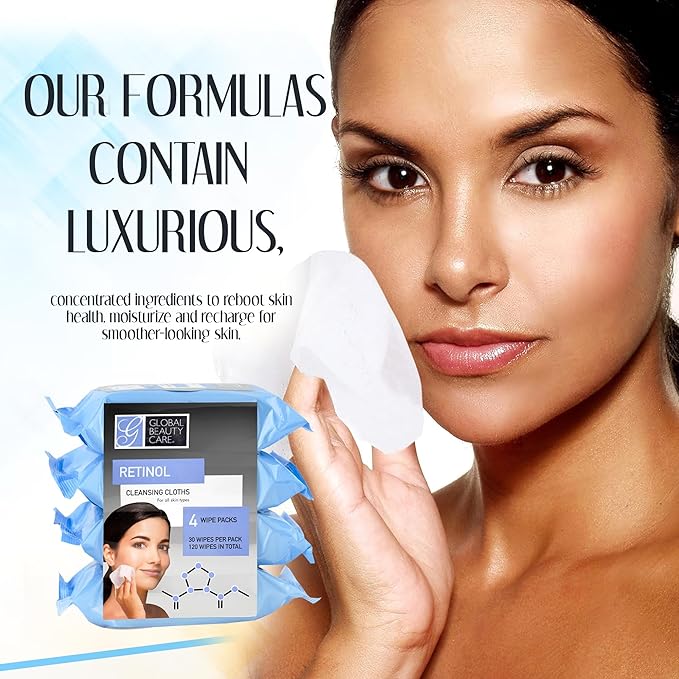 Global Beauty Care Retinol Cleansing Facial Towelettes, Makeup Remover Wipes, Nourishing Face & Eye Hypoallergenic, Paraben-Free, Non-Comedogenic, Hydrates & Smooths Skin 30 Wipes, 120 Count 4 Pack