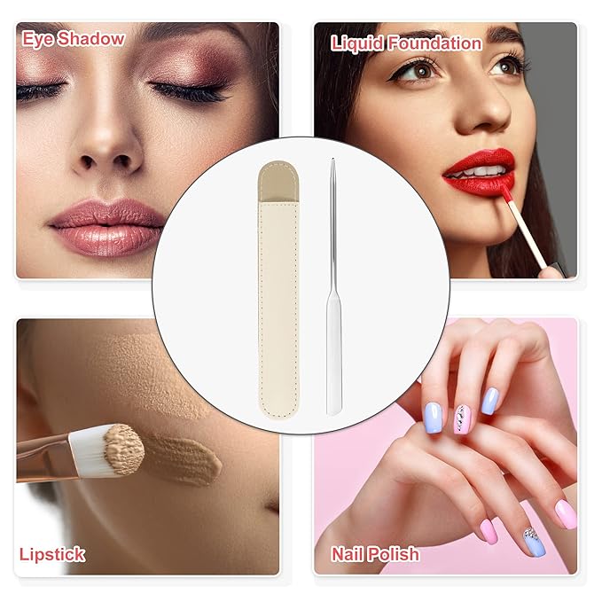 VOCOSTE 1 Set Stainless Steel Makeup Spatula, Liquid Foundation Spatula Tool with Faux Leather Case, Lipstick Nail Polish Mixing Palette Spatula, Beige-VivaGrace Women