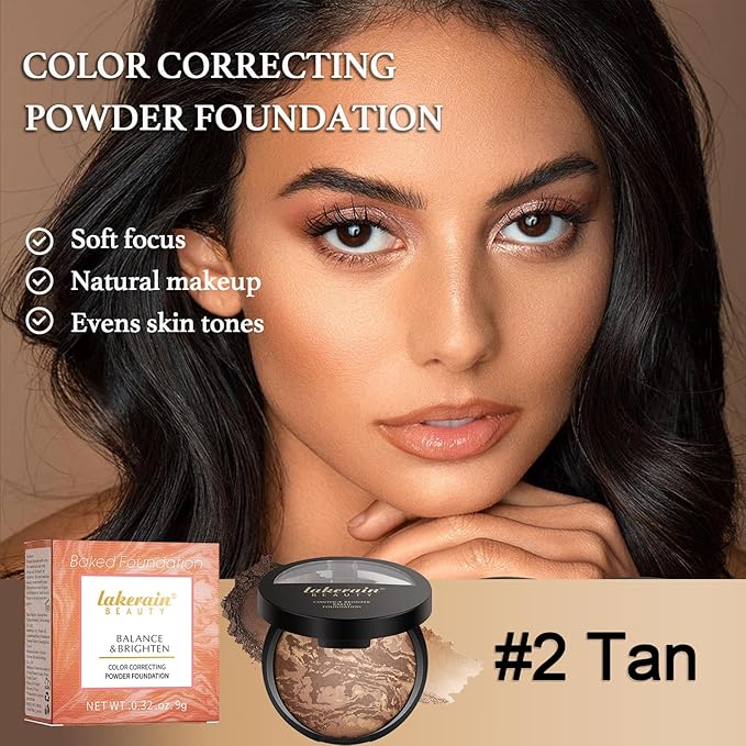 Baked Brighten Foundation, Coror Correcting Baked Balance Foundation,Buildable Coverage, Lightweight Powder Foundation, Creates a Perfect Canvas and a Natural Semi-Matte Finish(02# Tan)-VivaGrace Women