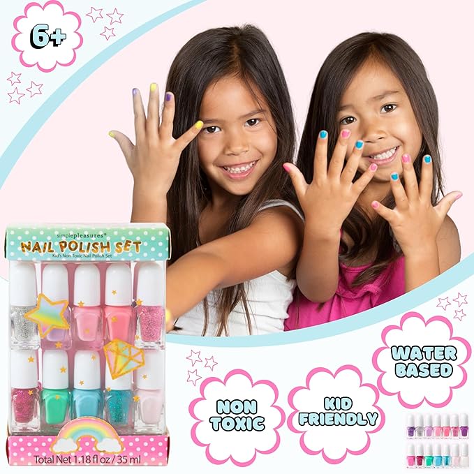 SIMPLE PLEASURES 14- Unicorn Glitter Kids Nail Polish Set for Girls – 14 Water-Based Non -Toxic Nail Art Kit - Gift Set for Girls Ages 7-12