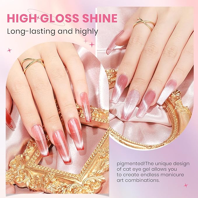 Crystal Cat Eye Gel Nail Polish 12 Colors Cateye Magnetic Nail Polish Gel Silver Nude Pink Cats Eye Gel Polish with Magnetic Stick Christmas Nail Art Manicure Salon DIY Home Gift for Women