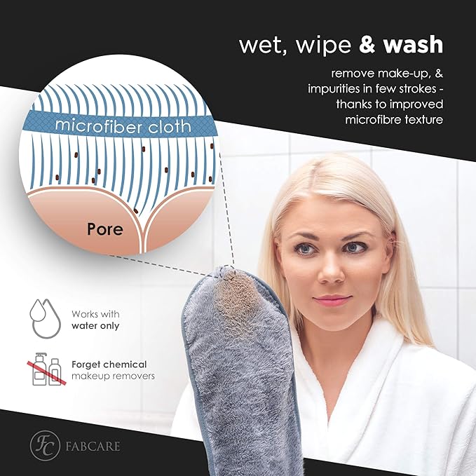 FABCARE Makeup Remover Cloth Microfibre (4 Pieces) - DERMATEST Very Good - Washable up to 95°C - Integrated Removal Glove for Face - Reusable and Washable Microfibre Cloths for Skincare