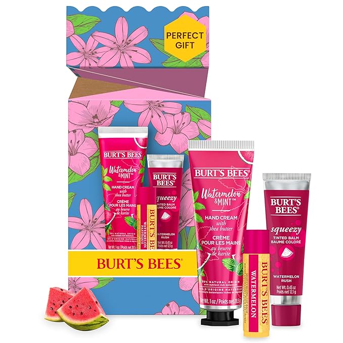 Burt's Bees Mothers Day Gifts for Mom, 3 Self Care Products, You're One in a Melon - Watermelon & Mint Hand Cream, Watermelon Lip Balm & Watermelon Rush Squeezy Tinted Lip Balm (Packaging May Vary)-VivaGrace Women