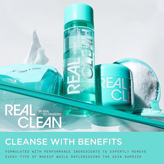 Real Techniques Real Clean XL Hydrating Facial Wipes, Infused With Hyaluronic Acid, Dual-Usage Cleansing Wipes Repair Skin & Gently Remove Makeup, Fragrance Free, 25 Count