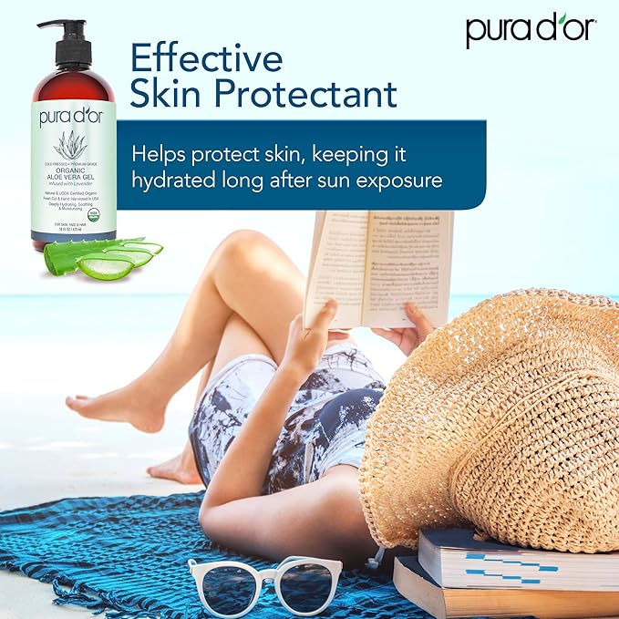 PURA D'OR 16 Oz ORGANIC Aloe Vera Gel - Lavender - All Natural - ZERO Artificial Preservatives - Deeply Hydrating & Moisturizing - Sunburn, Bug Bites, Rashes, Small Cuts, Eczema Relief - Skin & Hair-VivaGrace Women
