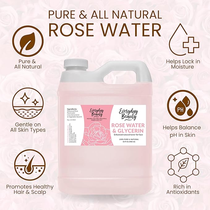 Rose Water & Glycerin Enhanced Facial Toner - 32oz Bulk Alcohol-Free Vegan All Natural Refreshing for Face and Hair - Uplifts, Calming & Soothing for All Skin Types…-VivaGrace Women