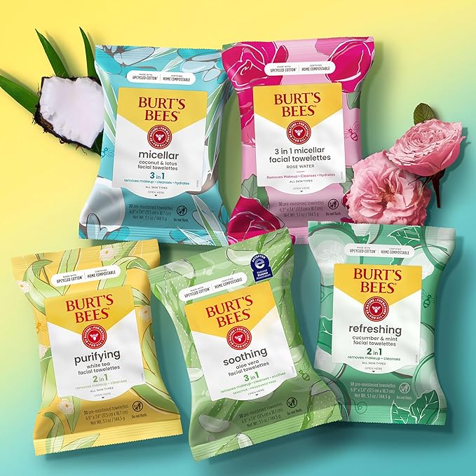 Burt's Bees Purifying Facial Towelettes With White Tea, Pre-Moistened Towelettes for All Skin Types, 99.1 Percent Natural Origin Skin Care, 30 ct. Package