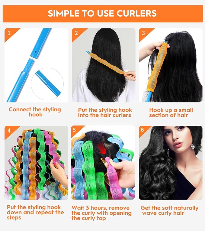 42 Pieces Heatless Waves Hair Curler, No Heat Damage Wavy Hair Curlers with 2 Sets of Styling Hooks, Heatless Curls for Women Girls Long Medium Short Hair (4 Colors,45cm/ 17.7")-VivaGrace Women