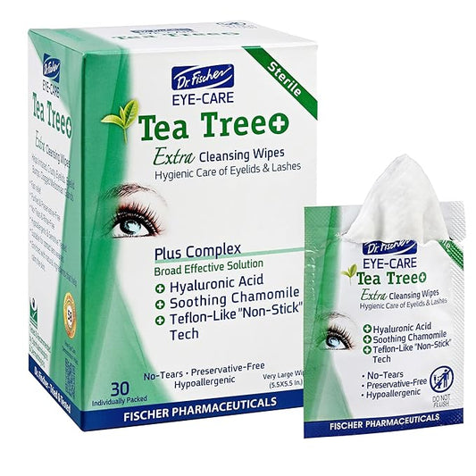 Dr. Fischer Tea Tree Oil Eye Wipes - Eyelid Wipes for Sensitive Eyes with Hyaluronic Acid and Chamomile, Makeup Remover, Daily Cleanser (30 wipes)-VivaGrace Women