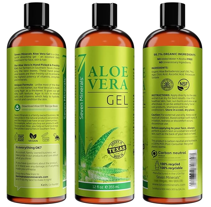 Seven Minerals Organic Aloe Vera Gel from freshly cut 100% Pure Aloe - Big 12oz - HighestQuality, Texas grown, Vegan, Unscented - For Face, Skin, Hair, Sunburn relief-VivaGrace Women