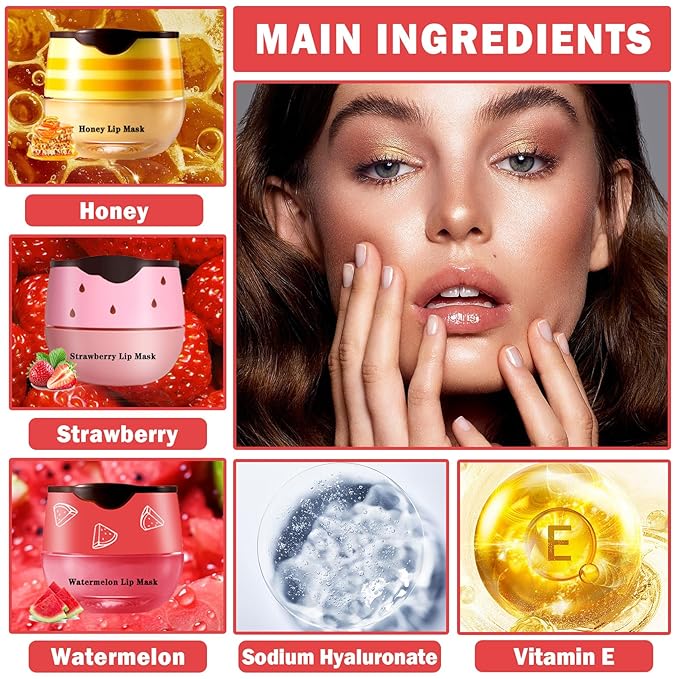 3PCS Bee Lip Balm Honey Pot Honey Strawberry Watermelon Lip Balm Sleeping Lip Mask Silky Hydrating Bee Lip Balm Honey Lip Mask Overnight Lip Care Products(Honey+Strawberry+Watermelon)-VivaGrace Women