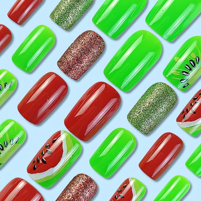 24 Pcs Summer Press on Nails Medium Length Fake Nails Cute Watermelon Full Cover Glue on Nails Glossy Red Green False Nails Summer Fruit Acrylic Nails Square Shape Glue on Nails for Women and Girls