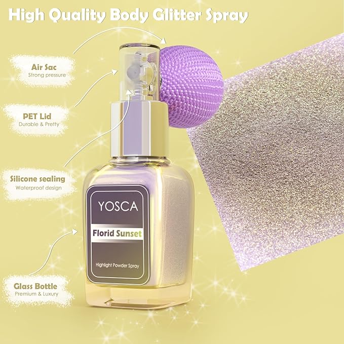 Highlighter Powder Spray, 20ML Cosmetic Grade High Gloss Body Shimmer Powder Fairy Dust Highlighter Sparkle Face Makeup Setting Magic Diamond Glitter Spray Shimmer Face Body Skin Hair Clothes-VivaGrace Women