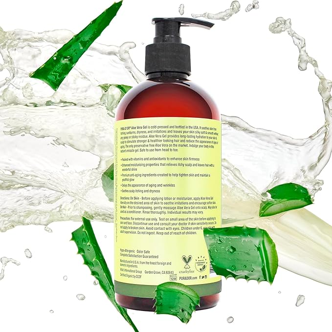 PURA D'OR 16 Oz ORGANIC Aloe Vera Gel - Lemongrass - All Natural - ZERO Artificial Preservatives - Deeply Hydrating & Moisturizing - Sunburn, Bug Bites, Rashes, Small Cuts, Eczema Relief - Skin & Hair-VivaGrace Women
