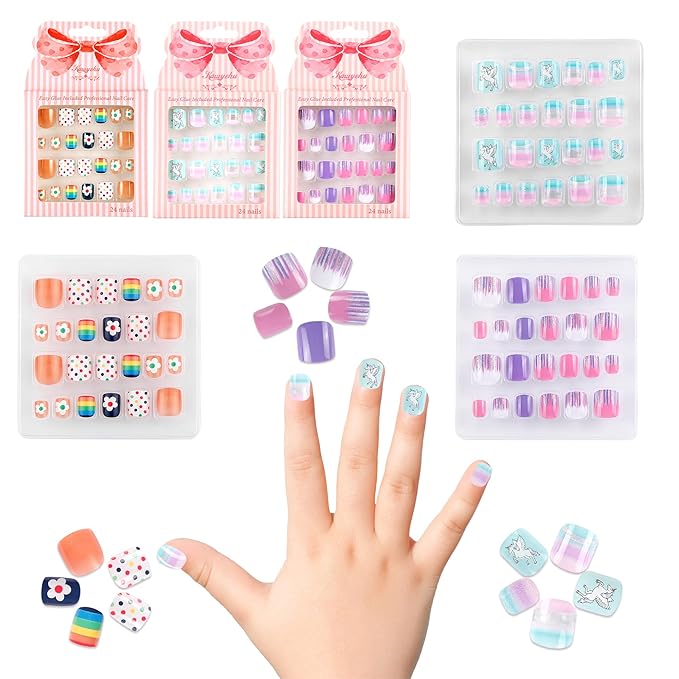 Kids Press on Nails Children Fake Nails 72PCS Artificial Nail Tips Adhesive Full Cover Short False Fingernails for Girls Kids Nail Decoration (Colorful Polka Dots)