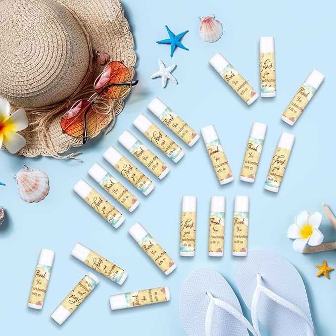 Dunzy 50 Pcs Thank You Gift Lip Balm Bulk Baby Shower Party Favors Bridal Shower Favor Lip Care with Assorted Fruit Flavors Thank You Lipstick for Guest Basket Gift Stuffer (Summer Beach)-VivaGrace Women