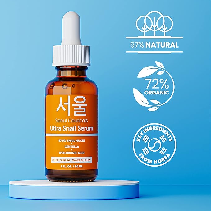 SeoulCeuticals Korean Skin Care 97.5% Snail Mucin Serum – K Beauty Skincare Night Serum Hyaluronic Acid for Face - Centella Anti Wrinkle Serum 1oz-VivaGrace Women