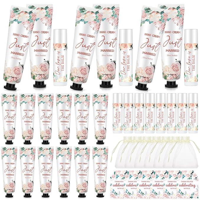 25 Set Wedding Lip Balms and Hand Cream Gift Set Include 25 Moisturizing Hand Care Cream 25 Lip Balms with Thank You Cards and Bags Bridesmaid Gift Set for Bridal Shower Wedding(Floral)-VivaGrace Women