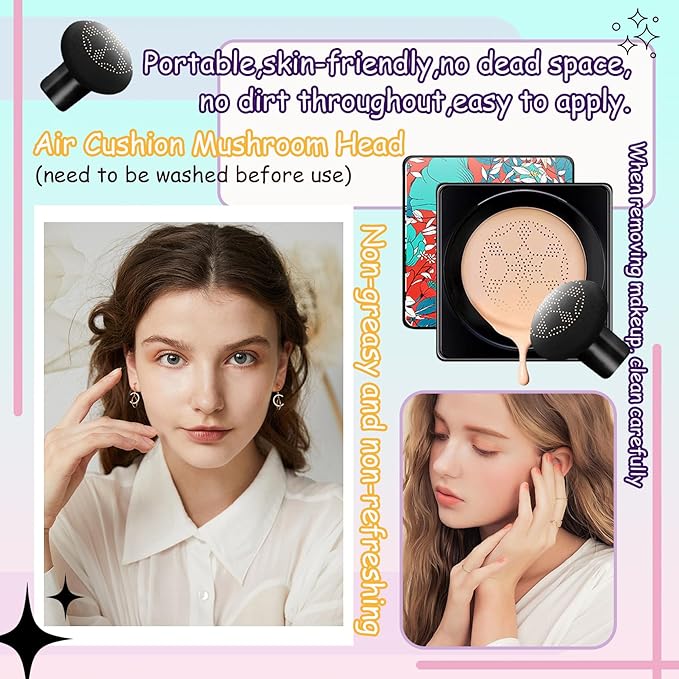 Air Cushion CC Cream Mushroom Head Foundation,Waterproof Long Lasting Loose Setting Powder,Moisturizing BB Cream Liquid Foundation Makeup Primer Concealer Base with Makeup Sponge(4PCS)-VivaGrace Women
