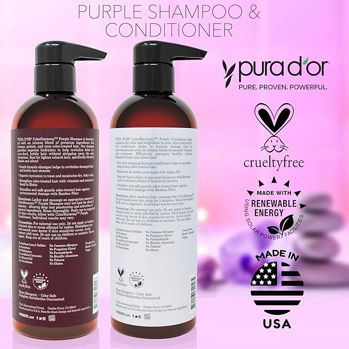 PURA D'OR 16 Oz ColorHarmony Purple Shampoo For Bleached, Blonde, Silver & Color Treated Hair - Keratin, Bamboo Fiber, No Sulfates, Select Natural Ingredients - Men & Women-VivaGrace Women